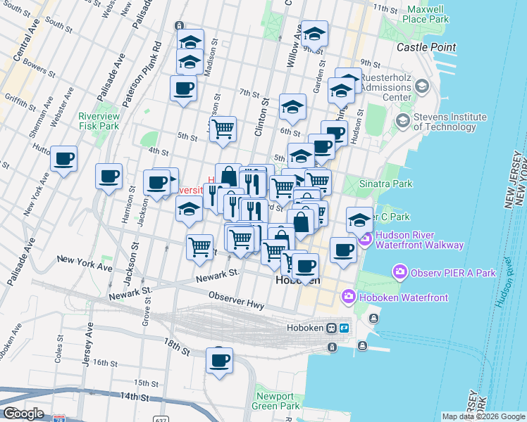 map of restaurants, bars, coffee shops, grocery stores, and more near 309 2nd Street in Hoboken