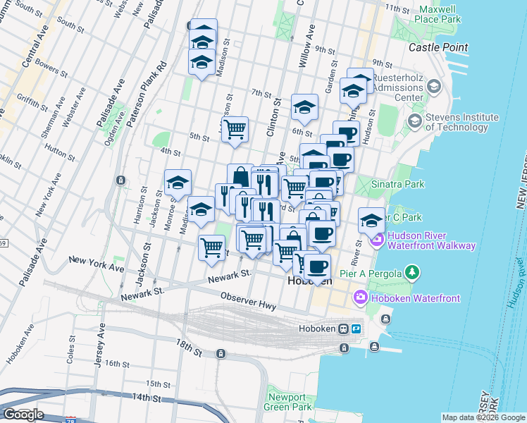 map of restaurants, bars, coffee shops, grocery stores, and more near 309 2nd Street in Hoboken