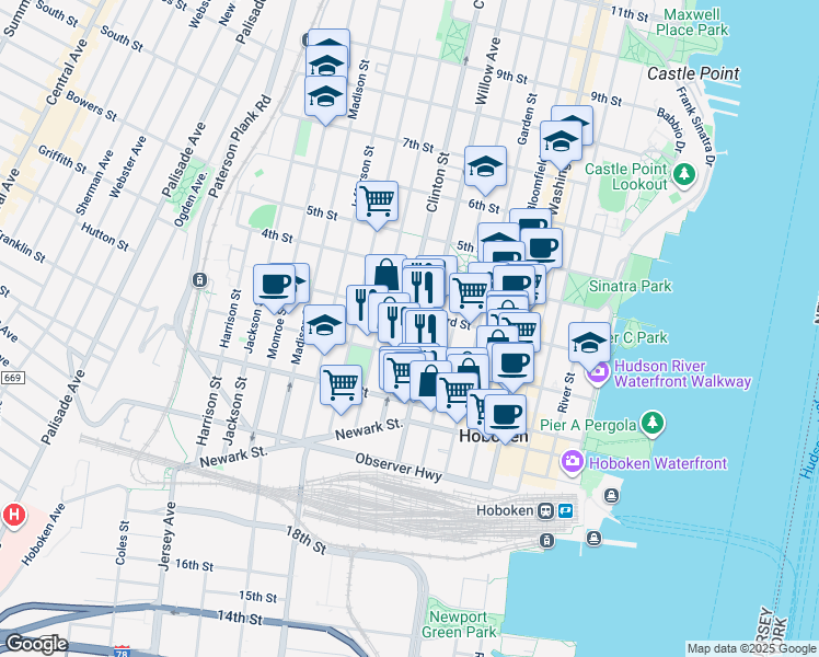 map of restaurants, bars, coffee shops, grocery stores, and more near 309 2nd Street in Hoboken