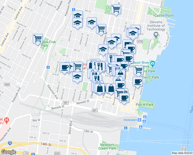 map of restaurants, bars, coffee shops, grocery stores, and more near in Hoboken