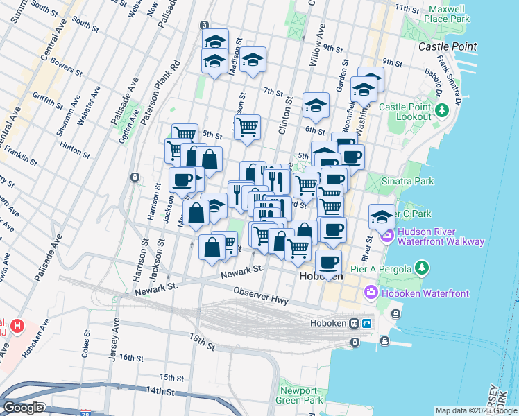 map of restaurants, bars, coffee shops, grocery stores, and more near in Hoboken