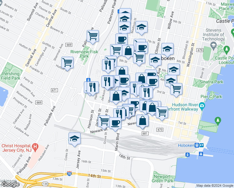 map of restaurants, bars, coffee shops, grocery stores, and more near 509 2nd Street in Hoboken