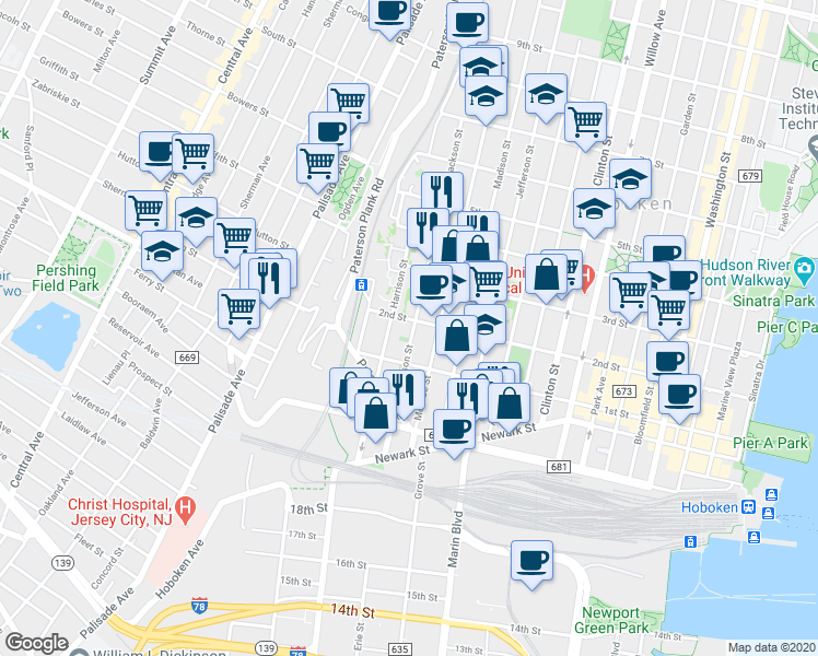 map of restaurants, bars, coffee shops, grocery stores, and more near 117 Harrison Street in Hoboken