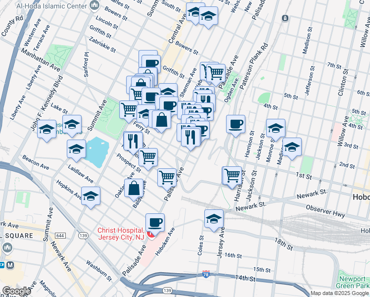 map of restaurants, bars, coffee shops, grocery stores, and more near 325 Palisade Avenue in Jersey City