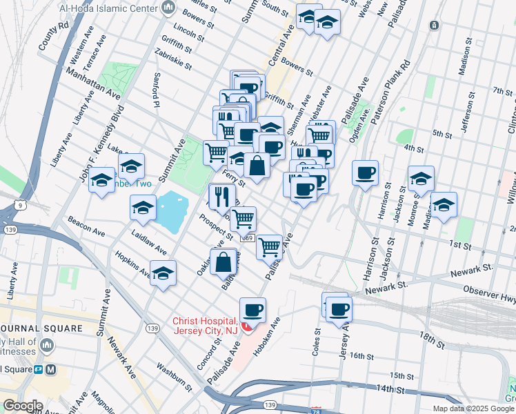 map of restaurants, bars, coffee shops, grocery stores, and more near 31 Ravine Avenue in Jersey City
