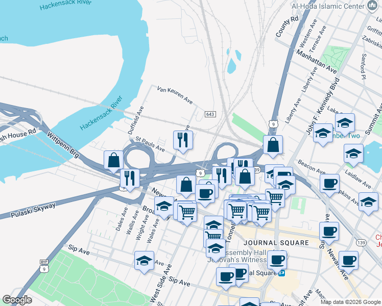 map of restaurants, bars, coffee shops, grocery stores, and more near 1183 West Side Avenue in Jersey City