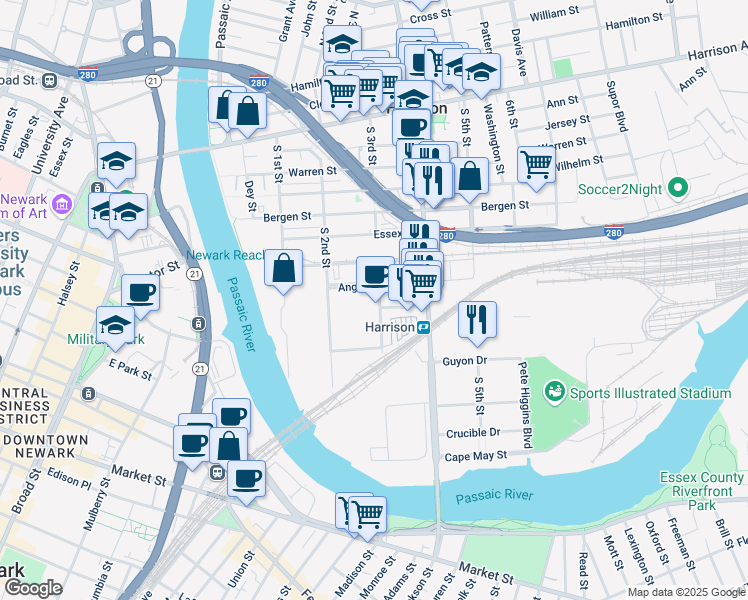 map of restaurants, bars, coffee shops, grocery stores, and more near 777 South 3rd Street in Harrison