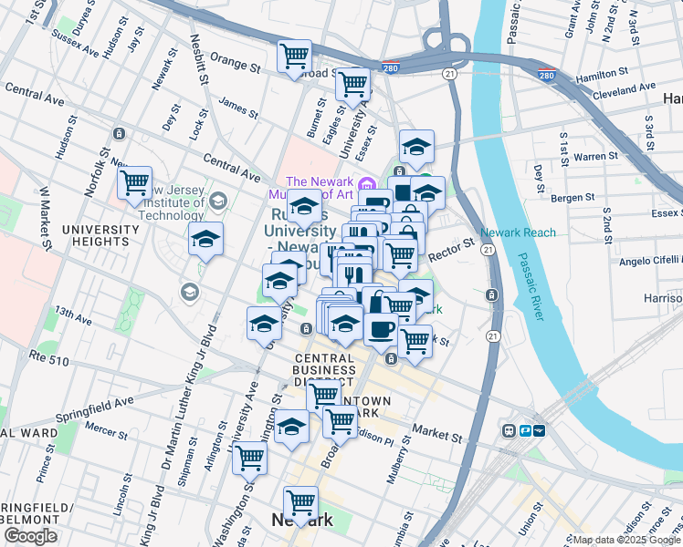 map of restaurants, bars, coffee shops, grocery stores, and more near 71 Halsey Street in Newark