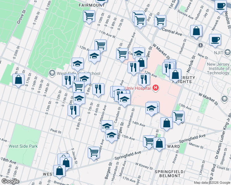 map of restaurants, bars, coffee shops, grocery stores, and more near 216 Fairmount Avenue in Newark