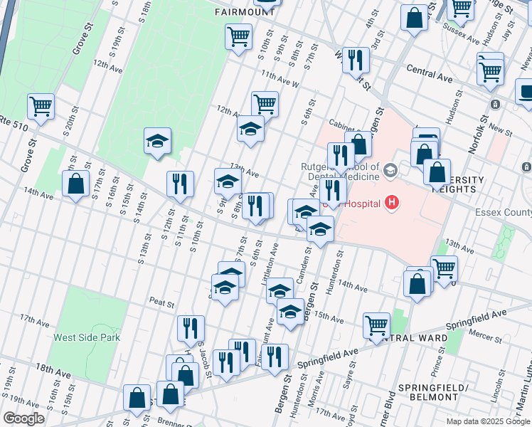 map of restaurants, bars, coffee shops, grocery stores, and more near in Newark