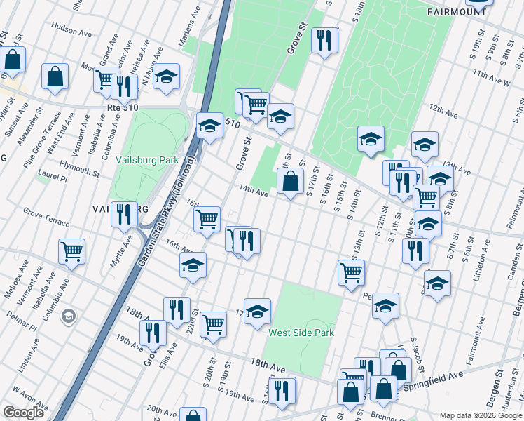 map of restaurants, bars, coffee shops, grocery stores, and more near 492 South 19th Street in Newark