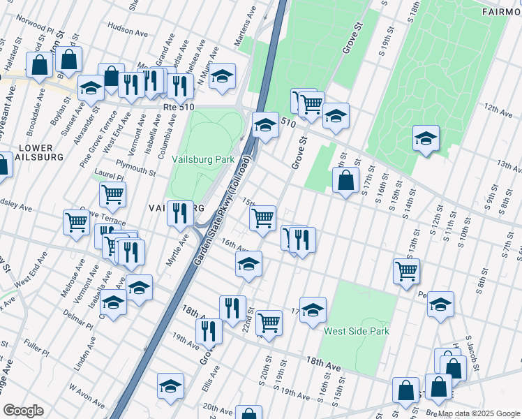 map of restaurants, bars, coffee shops, grocery stores, and more near 41 Vine Avenue in Irvington