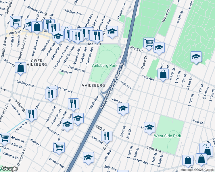 map of restaurants, bars, coffee shops, grocery stores, and more near 440 Myrtle Avenue in Irvington