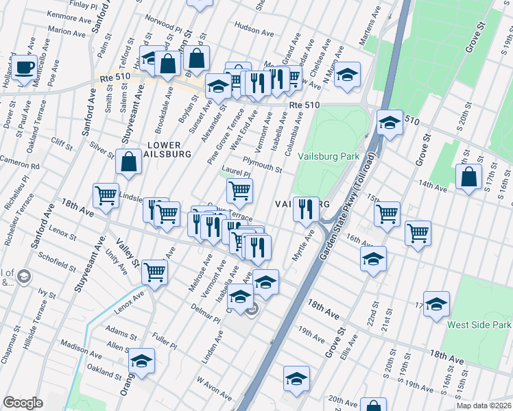 map of restaurants, bars, coffee shops, grocery stores, and more near 150 Isabella Avenue in Newark