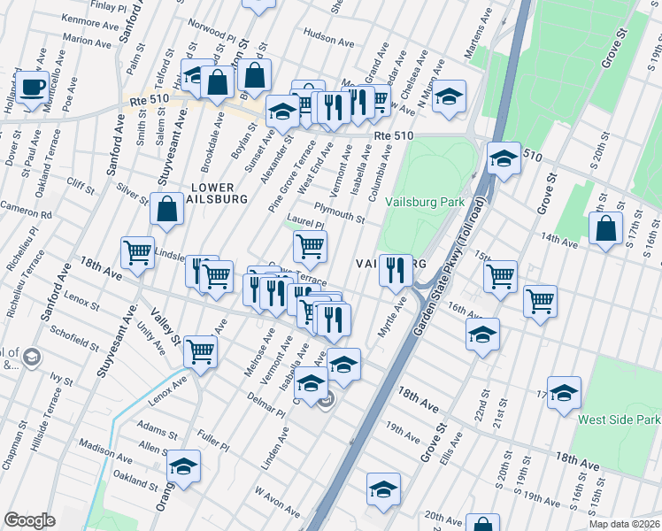 map of restaurants, bars, coffee shops, grocery stores, and more near 150 Isabella Avenue in Newark