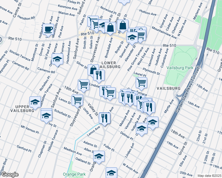 map of restaurants, bars, coffee shops, grocery stores, and more near 78 Lindsley Avenue in Newark