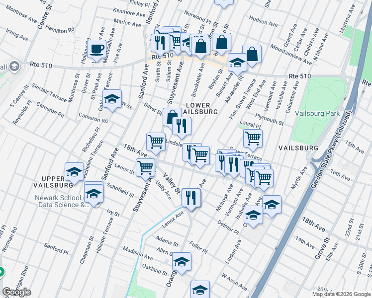 map of restaurants, bars, coffee shops, grocery stores, and more near 180 Brookdale Avenue in Newark