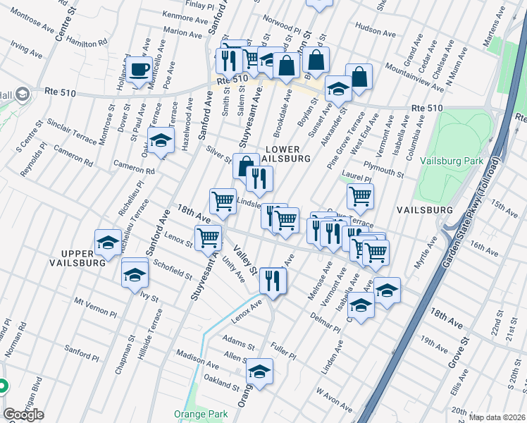 map of restaurants, bars, coffee shops, grocery stores, and more near 180 Brookdale Avenue in Newark