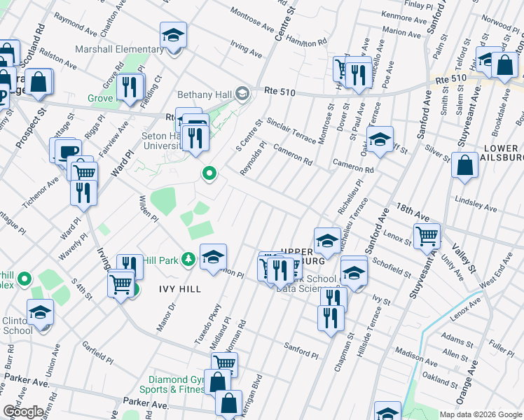 map of restaurants, bars, coffee shops, grocery stores, and more near 22 Tuxedo Parkway in Newark