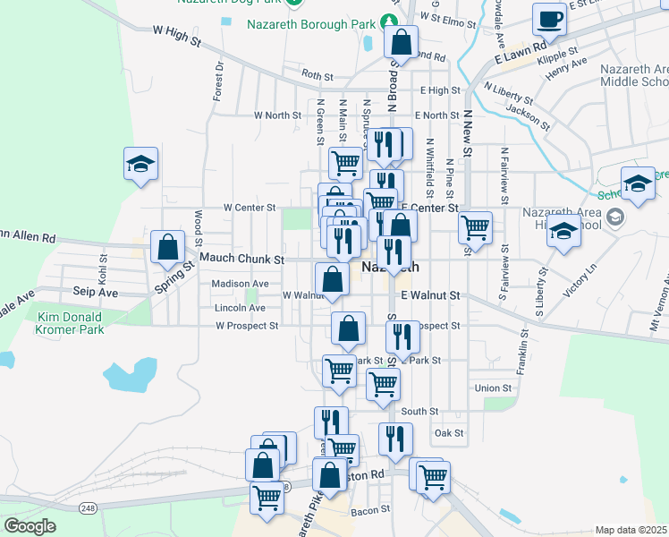 map of restaurants, bars, coffee shops, grocery stores, and more near 122 South Main Street in Nazareth