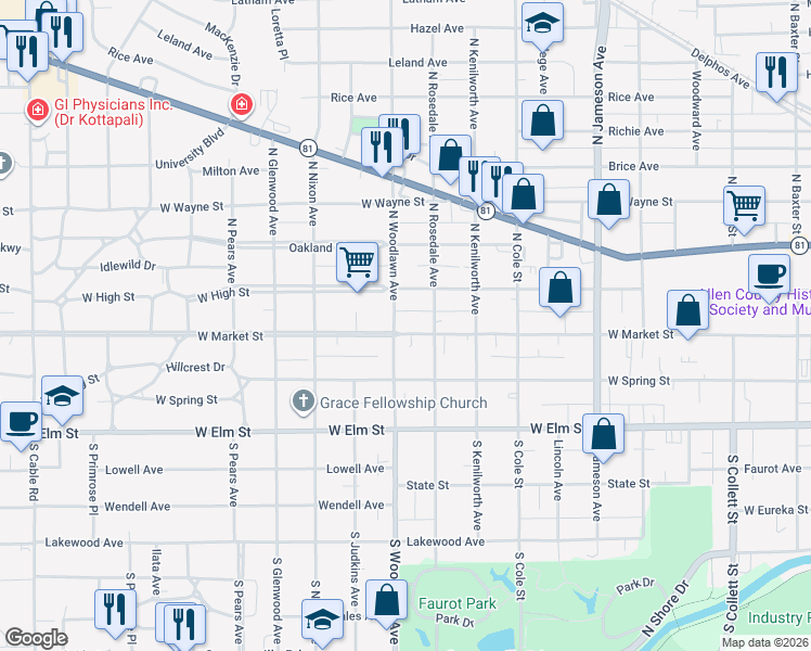 map of restaurants, bars, coffee shops, grocery stores, and more near 1351-1399 W Market St in Lima