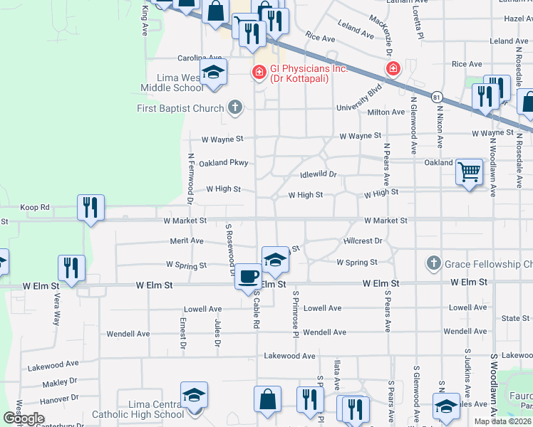map of restaurants, bars, coffee shops, grocery stores, and more near 2097 West Market Street in Lima