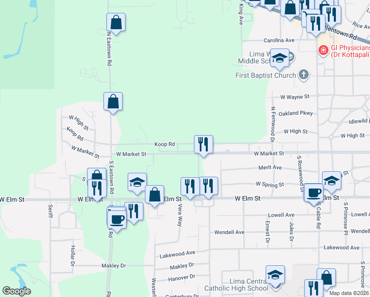 map of restaurants, bars, coffee shops, grocery stores, and more near 3180 West Elm Street in Lima