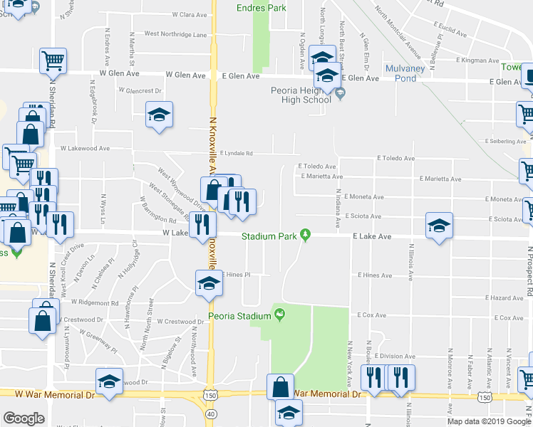 map of restaurants, bars, coffee shops, grocery stores, and more near 212 East Oak Cliff Court in Peoria