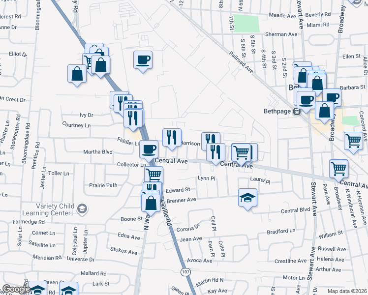 map of restaurants, bars, coffee shops, grocery stores, and more near 21 Anderson Street in Bethpage