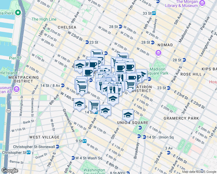 map of restaurants, bars, coffee shops, grocery stores, and more near in New York