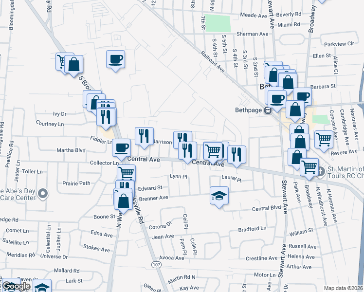 map of restaurants, bars, coffee shops, grocery stores, and more near 11 South Butehorn Street in Bethpage