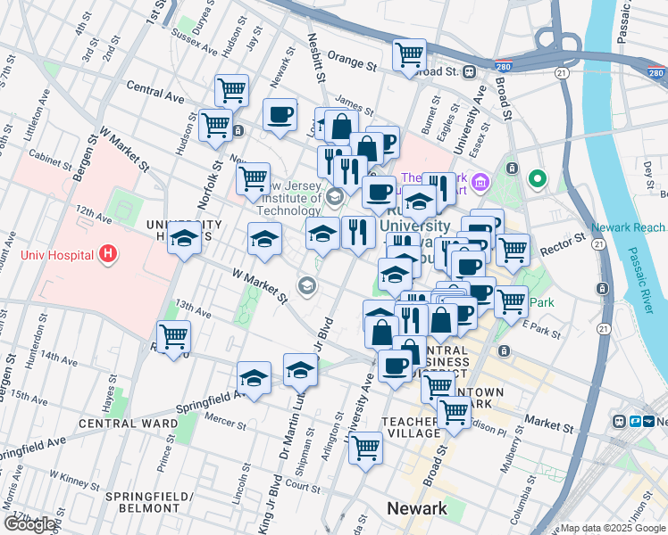 map of restaurants, bars, coffee shops, grocery stores, and more near 154 Summit Street in Newark