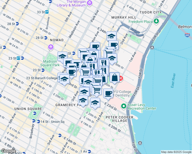 map of restaurants, bars, coffee shops, grocery stores, and more near in New York