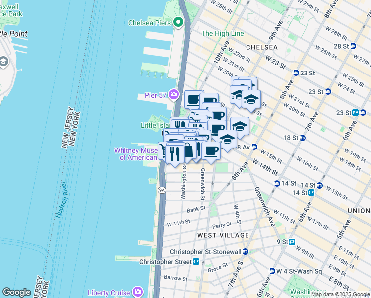 map of restaurants, bars, coffee shops, grocery stores, and more near Washington Street in New York