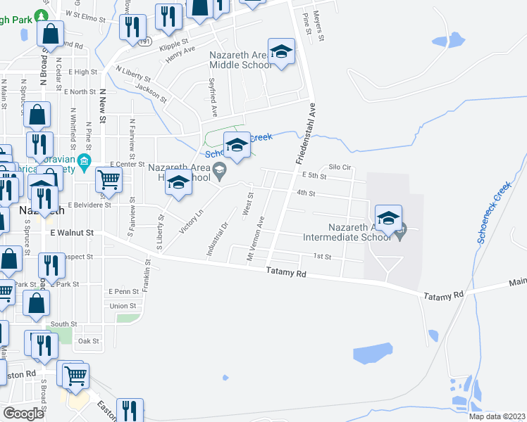 map of restaurants, bars, coffee shops, grocery stores, and more near 267 Mount Vernon Avenue in Nazareth