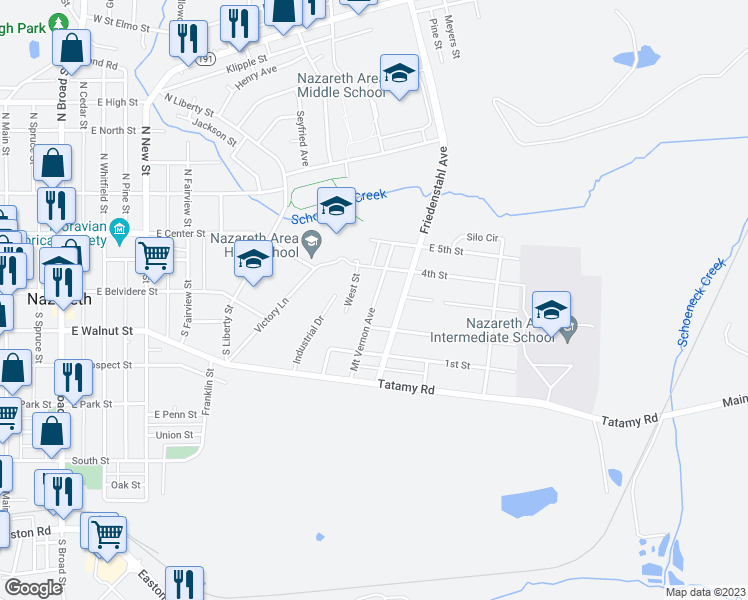 map of restaurants, bars, coffee shops, grocery stores, and more near Mount Vernon Avenue in Nazareth