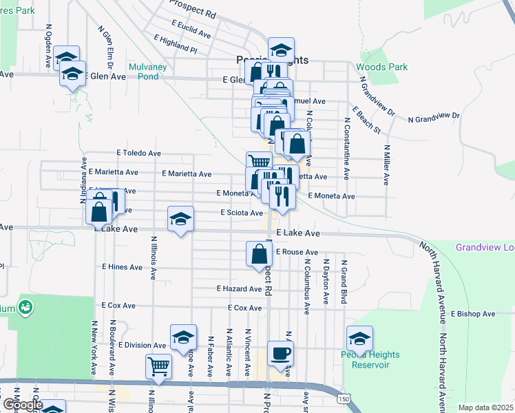 map of restaurants, bars, coffee shops, grocery stores, and more near 1209 East Lake Avenue in Peoria Heights