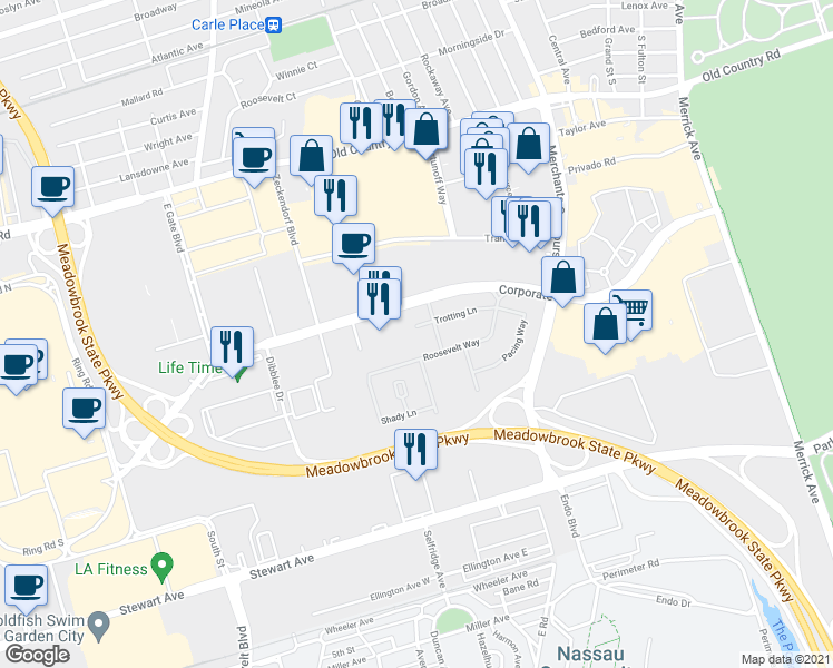 map of restaurants, bars, coffee shops, grocery stores, and more near 1101 Roosevelt Way in Uniondale