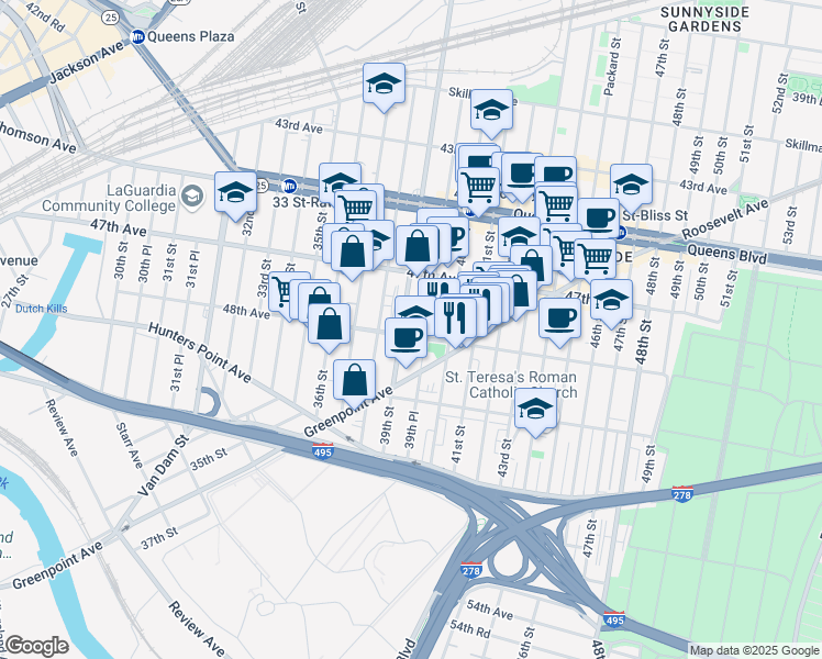 map of restaurants, bars, coffee shops, grocery stores, and more near 39-05 48th Avenue in Queens
