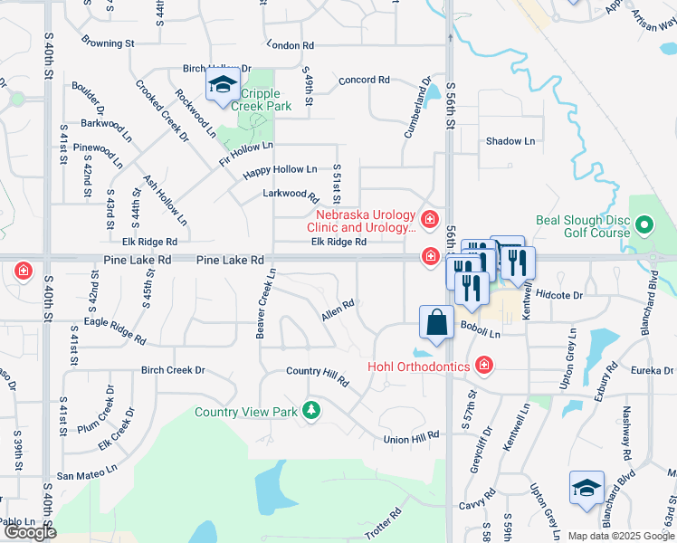 map of restaurants, bars, coffee shops, grocery stores, and more near 5066 Old Creek Road in Lincoln
