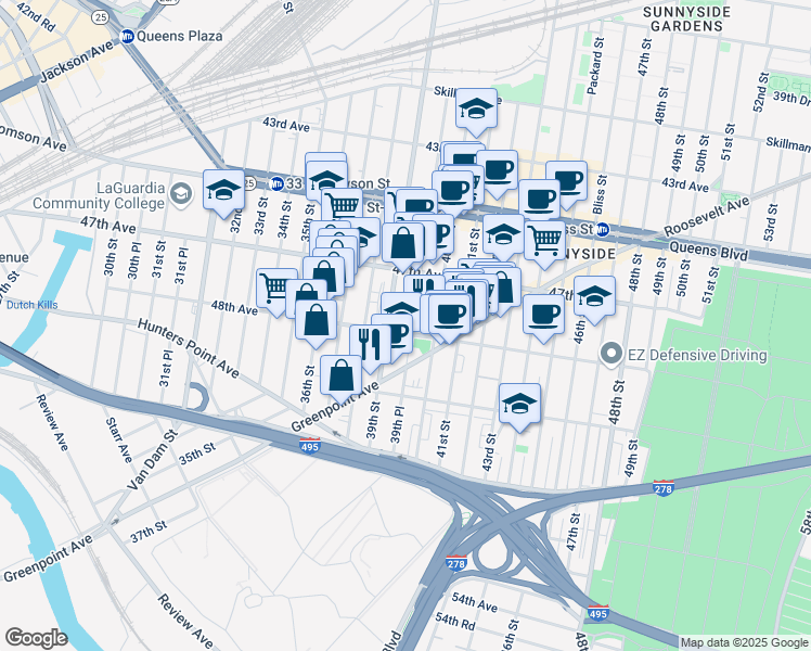 map of restaurants, bars, coffee shops, grocery stores, and more near 39-28 48th Avenue in Queens