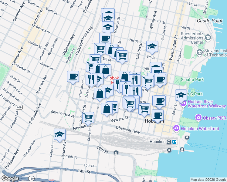 map of restaurants, bars, coffee shops, grocery stores, and more near 450 2nd Street in Hoboken