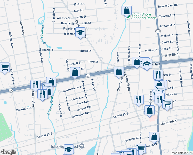 map of restaurants, bars, coffee shops, grocery stores, and more near 2 Jay Court in Islip
