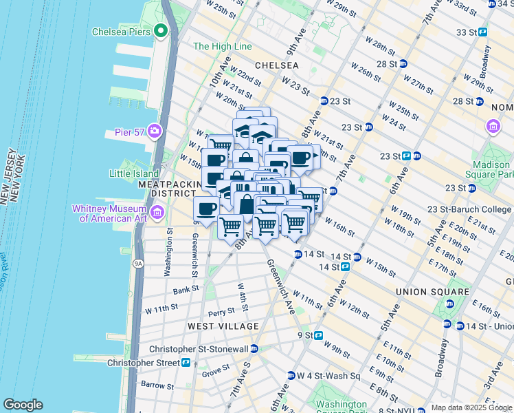 map of restaurants, bars, coffee shops, grocery stores, and more near 300 West 14th Street in New York