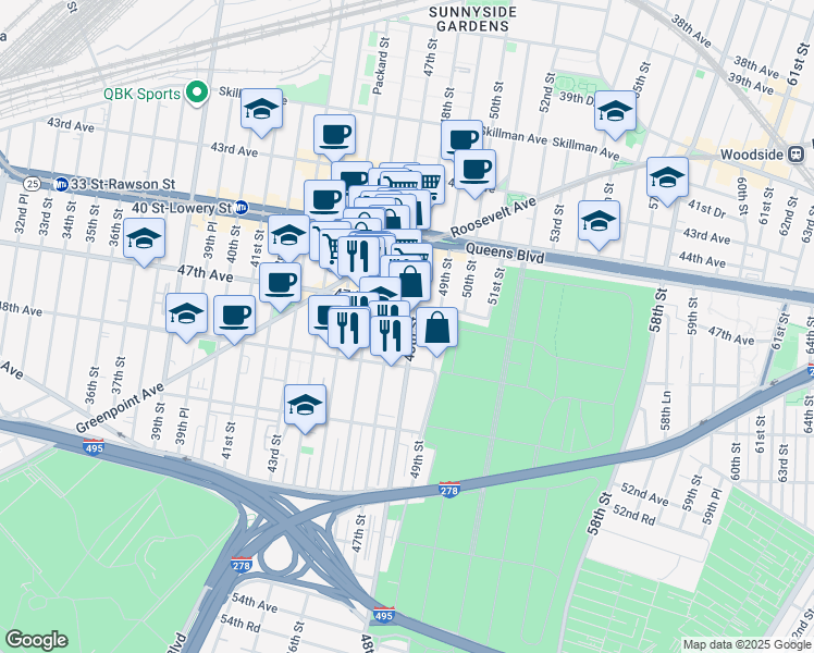 map of restaurants, bars, coffee shops, grocery stores, and more near 47-20 48th Street in Queens
