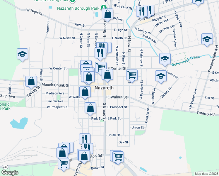 map of restaurants, bars, coffee shops, grocery stores, and more near 110 South Cedar Street in Nazareth