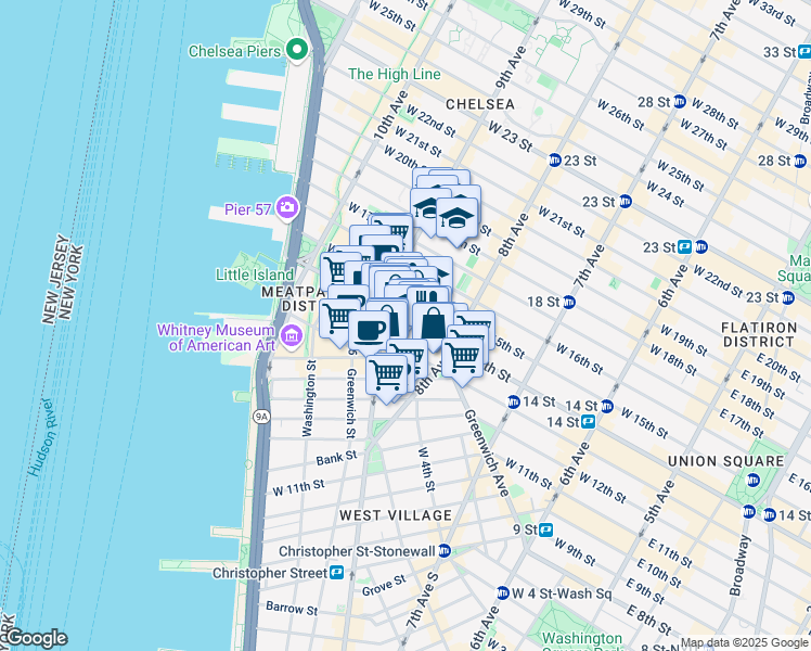 map of restaurants, bars, coffee shops, grocery stores, and more near 2 Gansevoort Street in New York