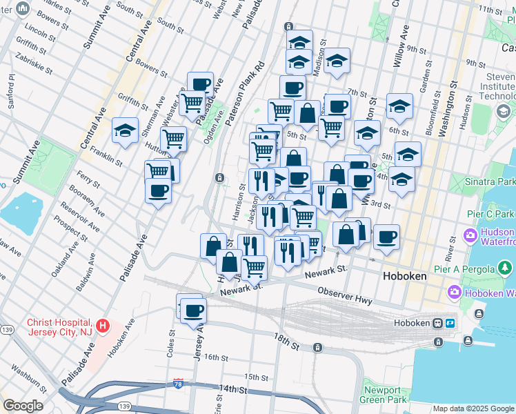 map of restaurants, bars, coffee shops, grocery stores, and more near 133 Jackson Street in Hoboken