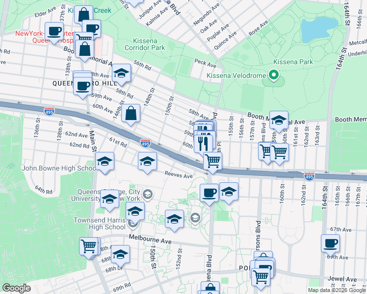 map of restaurants, bars, coffee shops, grocery stores, and more near 153-22 60th Avenue in Queens