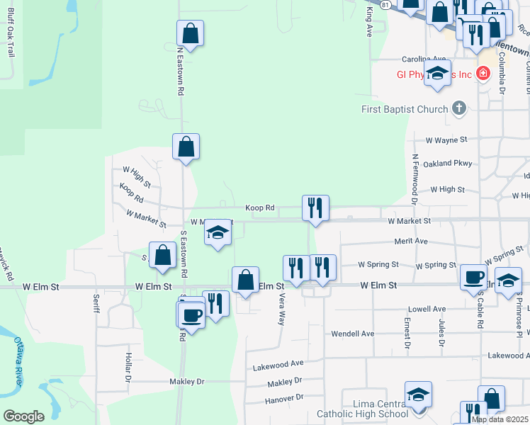 map of restaurants, bars, coffee shops, grocery stores, and more near 2680 West Market Street in Lima